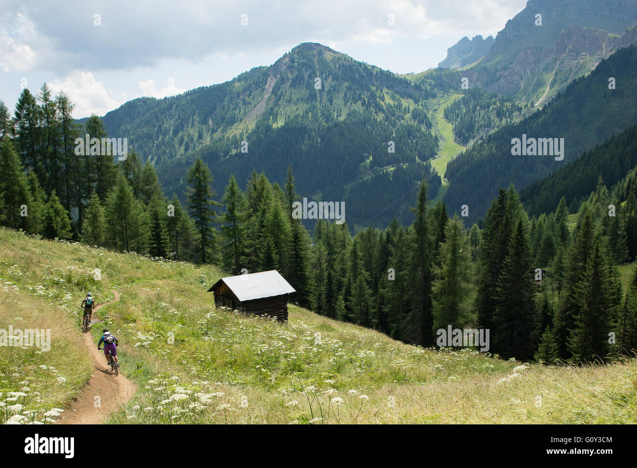 Two adults mountain biking in Dolomite mountains, Italy Stock Photo
