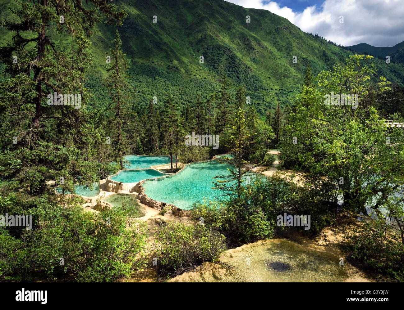 Travertine landscape and Colorful pools, Huanglong Scenic and Historic Interest Area, Sichuan, China Stock Photo