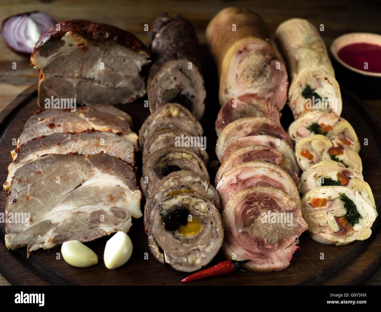 Baked meat and sliced meat rolls, Ukraine Stock Photo