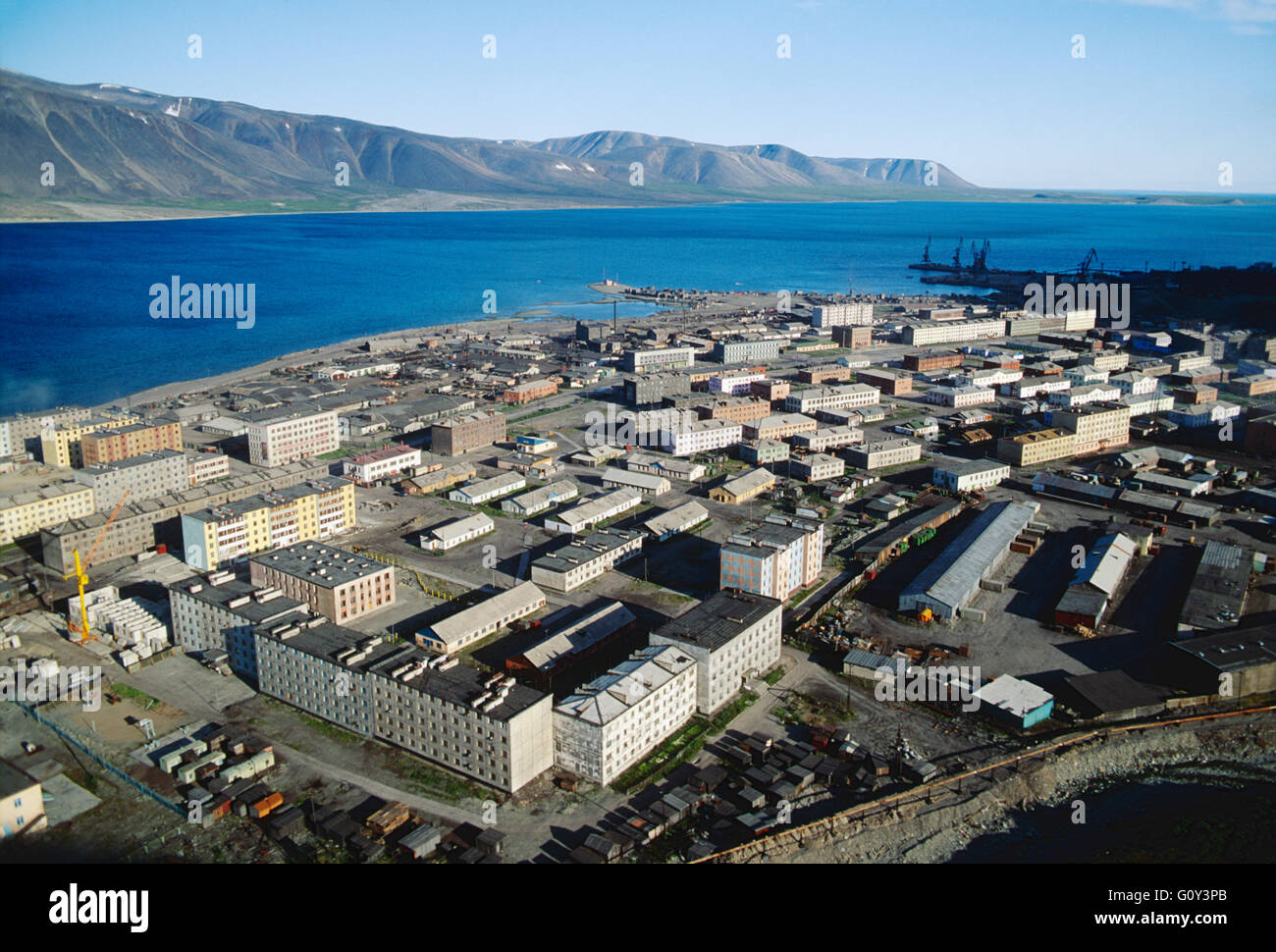 Aerial view of remote Siberian port town of Egvekinot; Magadan Region; Bering Sea; Russian Federation; former Soviet Union USSR Stock Photo