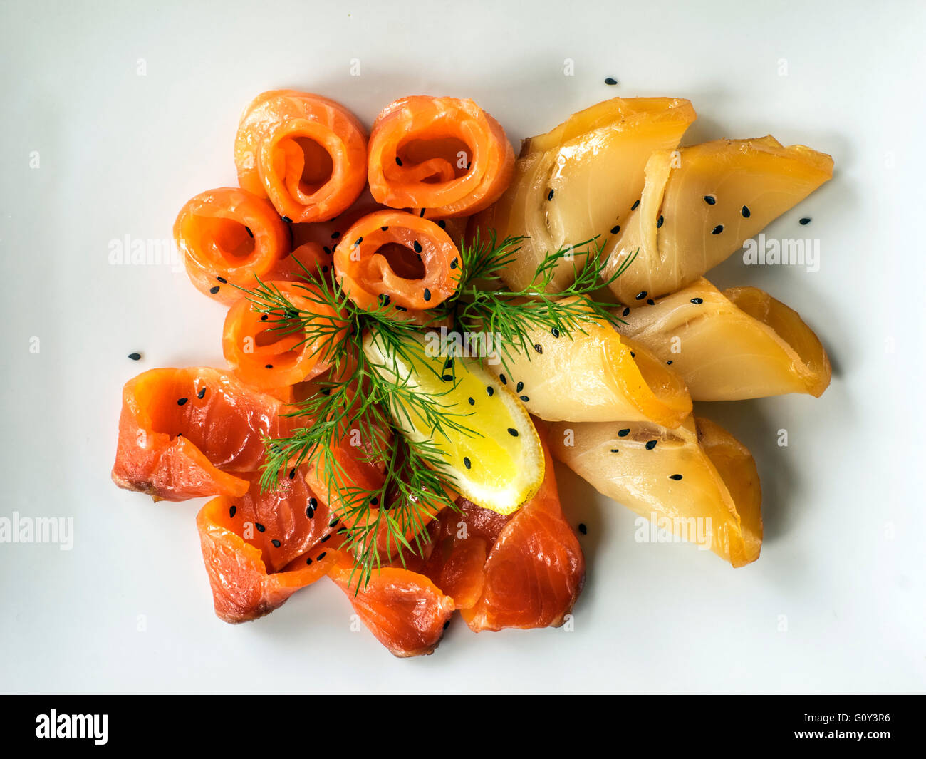 Close-up slices of salmon and starry sturgeon fish, Ukraine Stock Photo