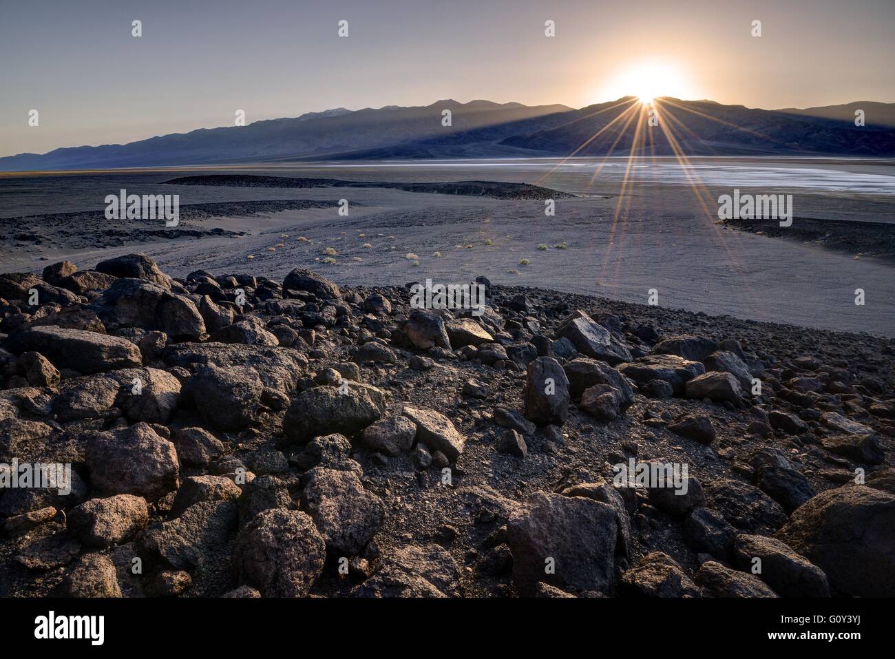 Sunset Over Badwater basin, Death Valley National Park, California, United States Stock Photo