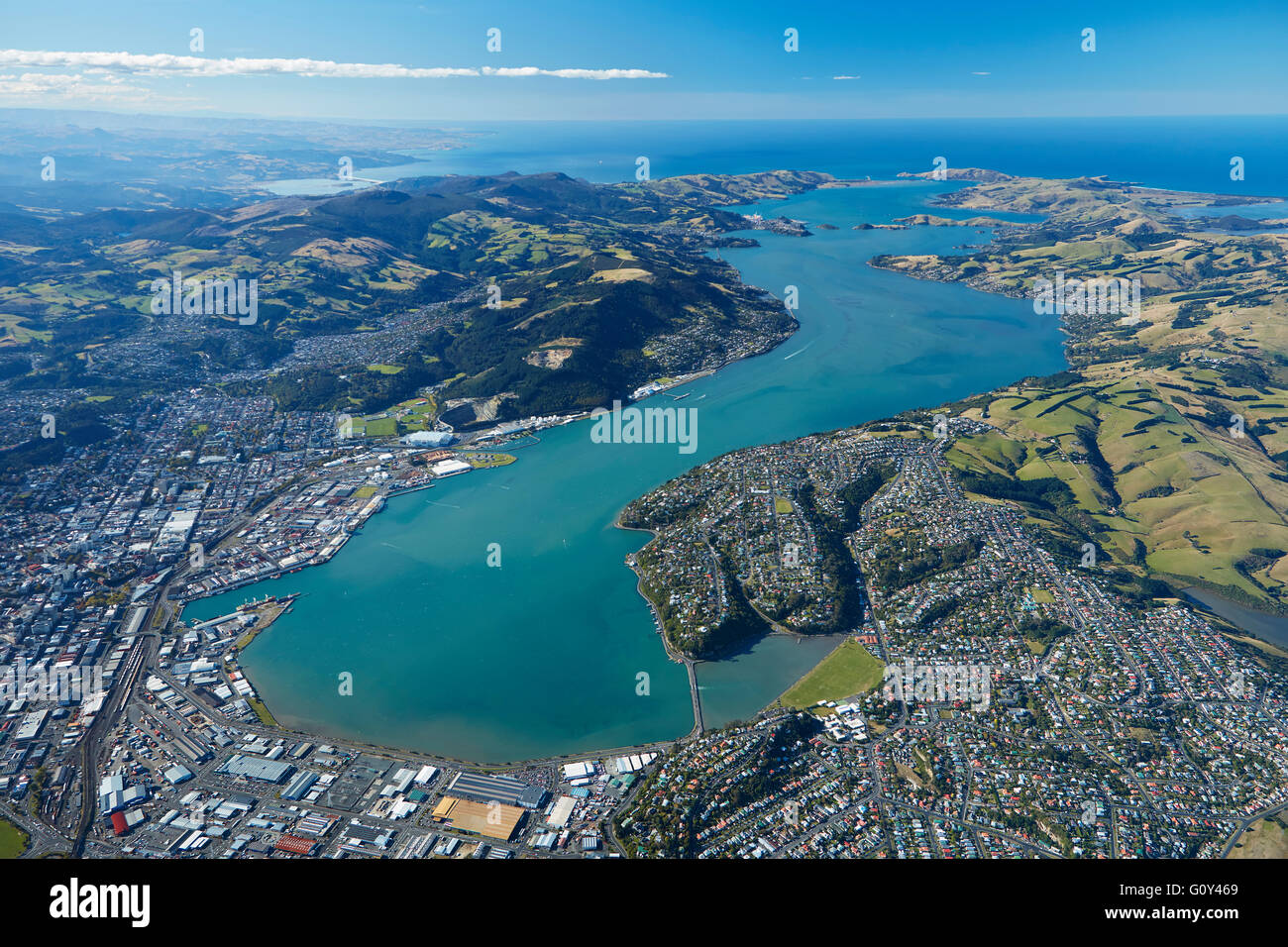 Dunedin and Otago Harbour, Otago, South Island, New Zealand - aerial Stock Photo