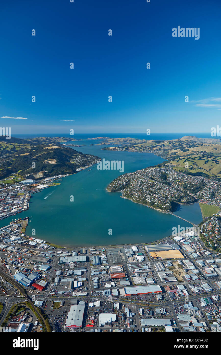 Dunedin and Otago Harbour, Otago, South Island, New Zealand - aerial Stock Photo