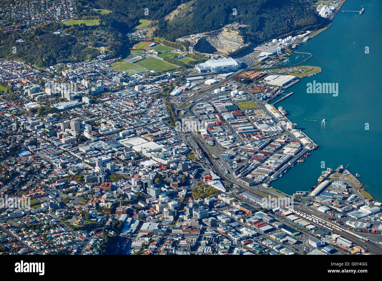 CBD, Dunedin, Otago, South Island, New Zealand - aerial Stock Photo