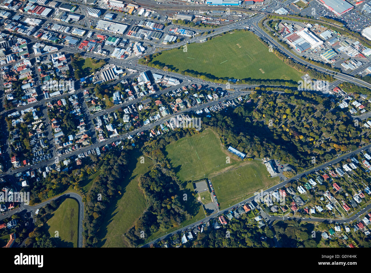 Zingari Richmond Rugby Club and The Oval, Dunedin, Otago, South Island, New Zealand - aerial Stock Photo