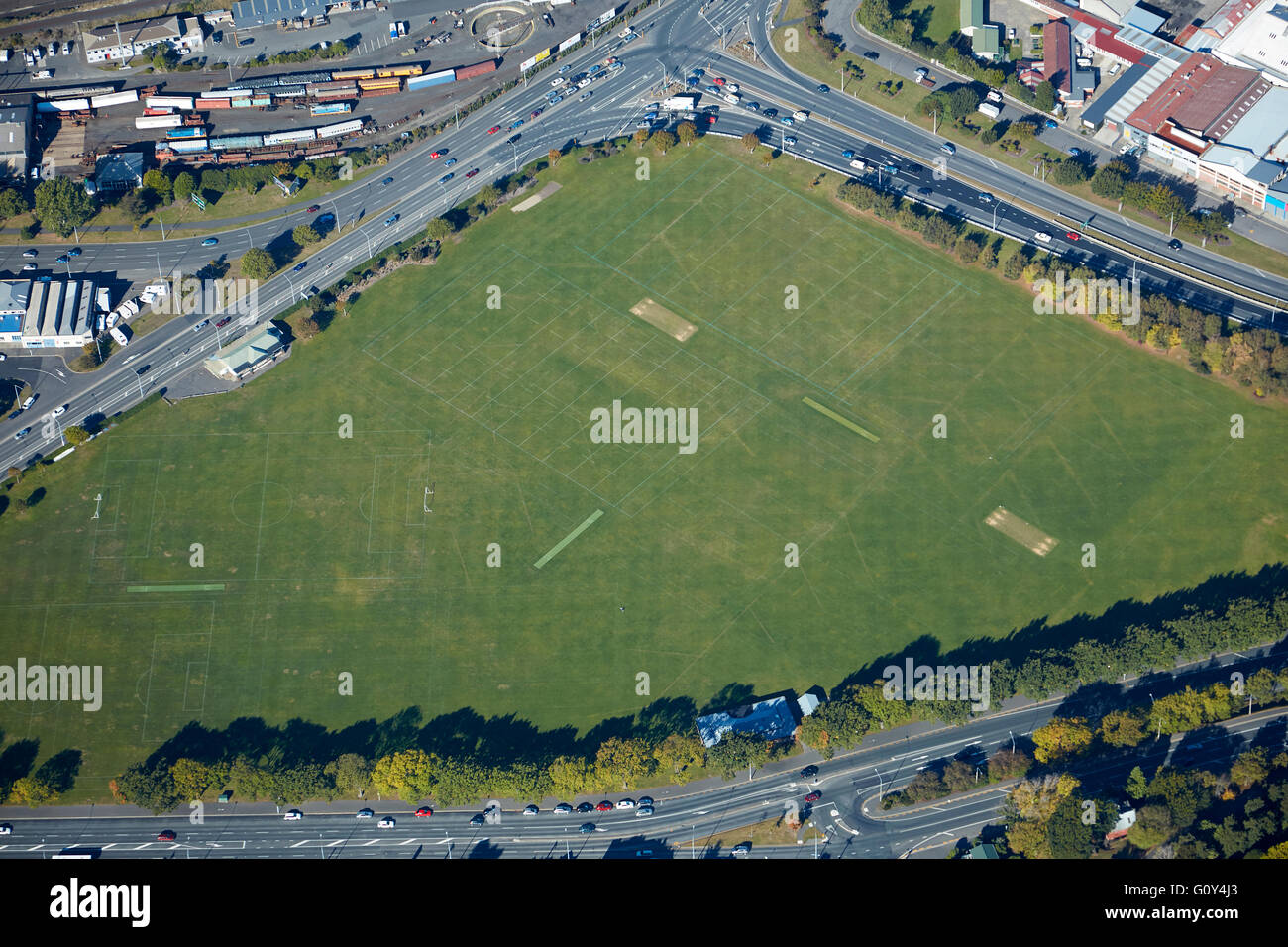 Sports fields at The Oval, Dunedin, Otago, South Island, New Zealand - aerial Stock Photo