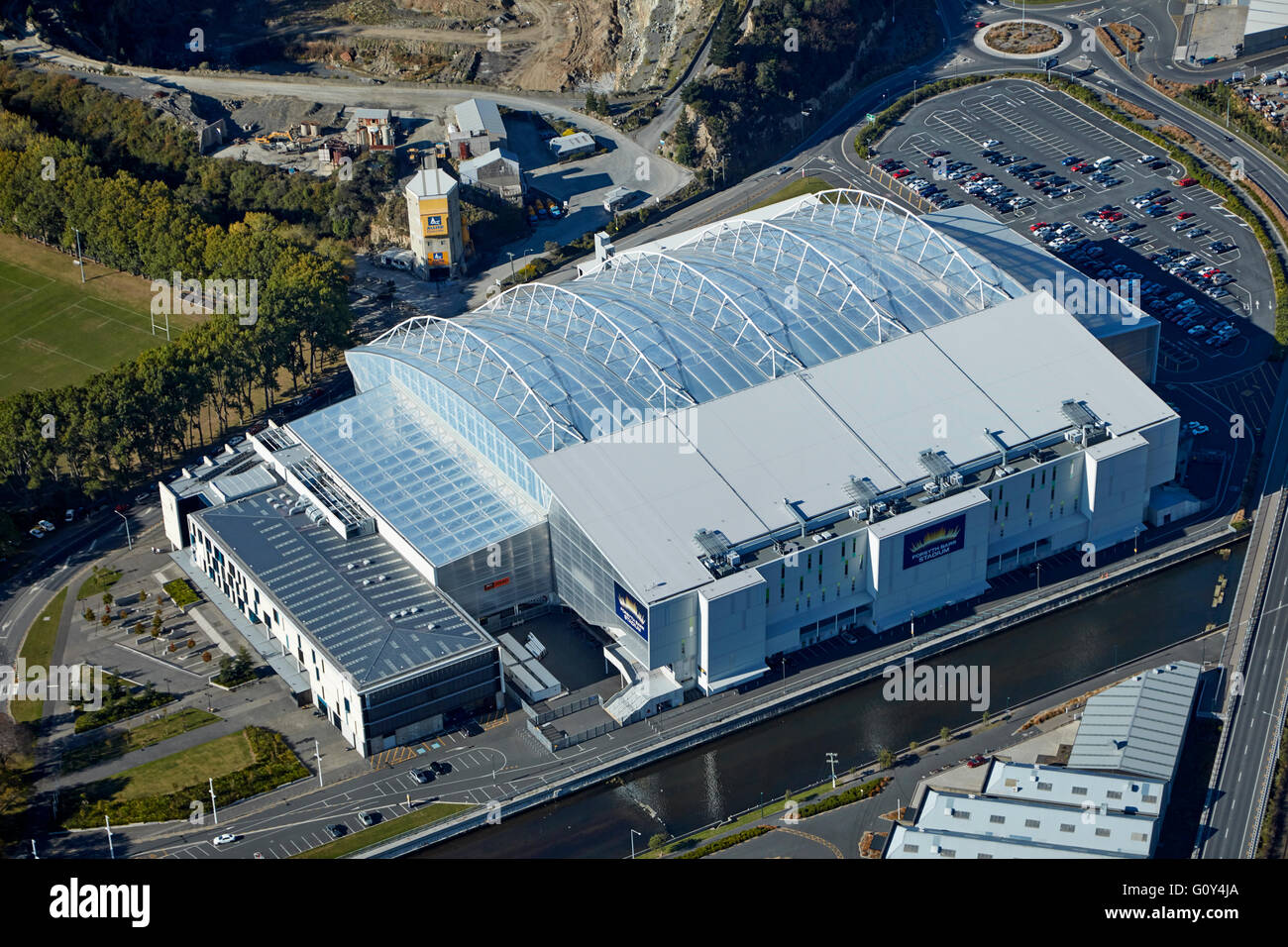 Forsyth Barr Stadium, Dunedin, South Island, New Zealand - aerial Stock Photo