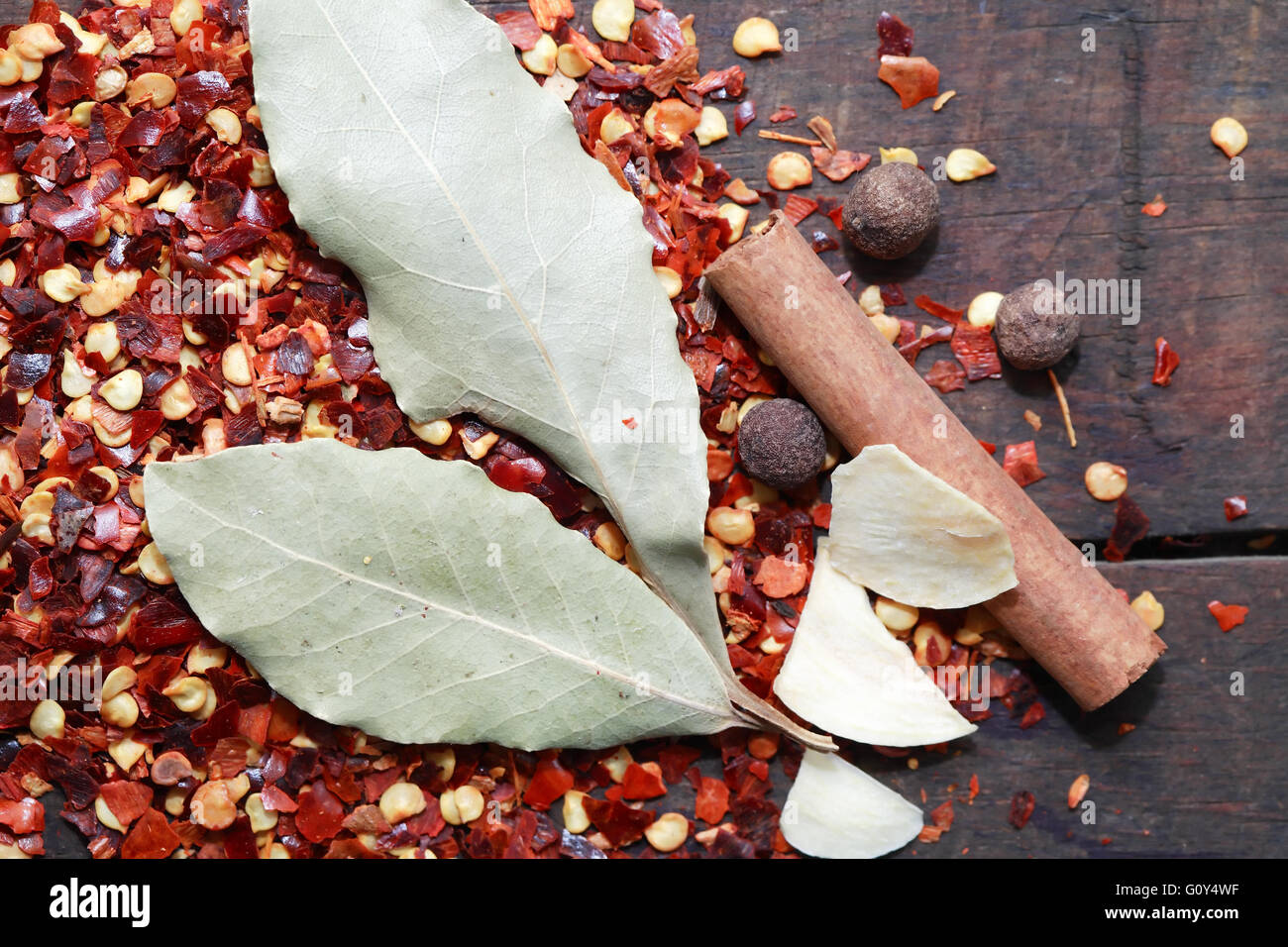 Set of various spice ingredients on old wooden background Stock Photo