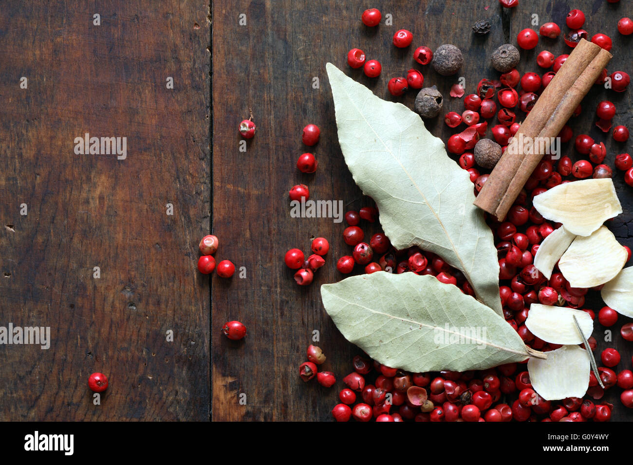 Set of various spice ingredients on old wooden background Stock Photo