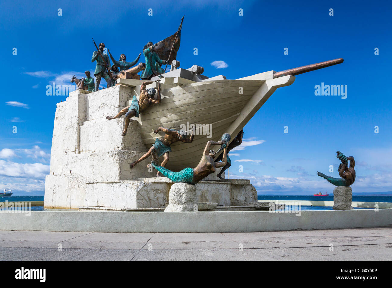 The monument to the Ancud schooner in Punta Arenas, Chile, Patagonia, South America. Stock Photo