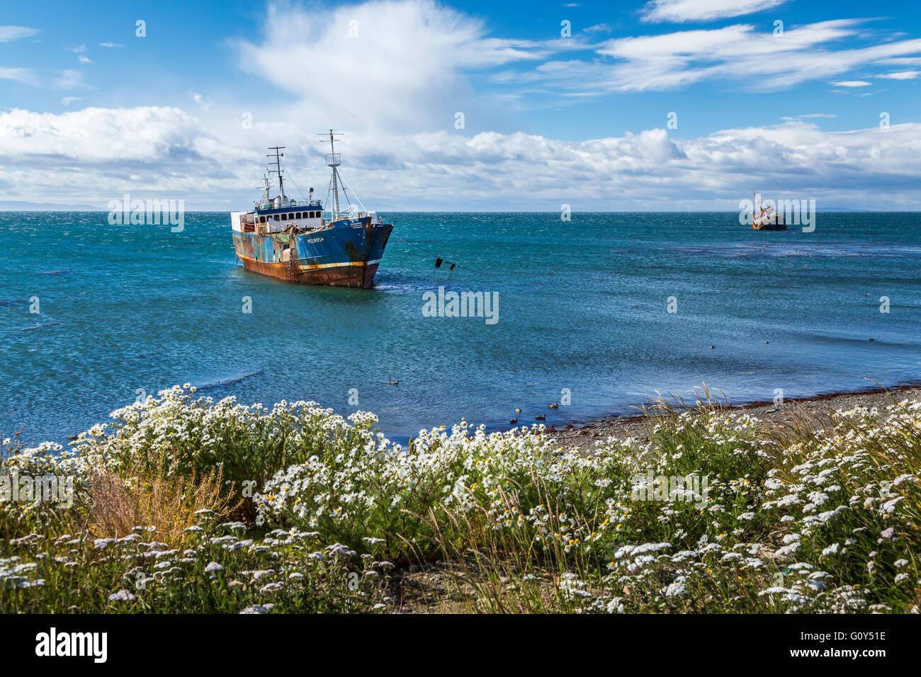 Abandoned ships in the Strait of Magellan near Punta Arenas, Chile, South America. Stock Photo