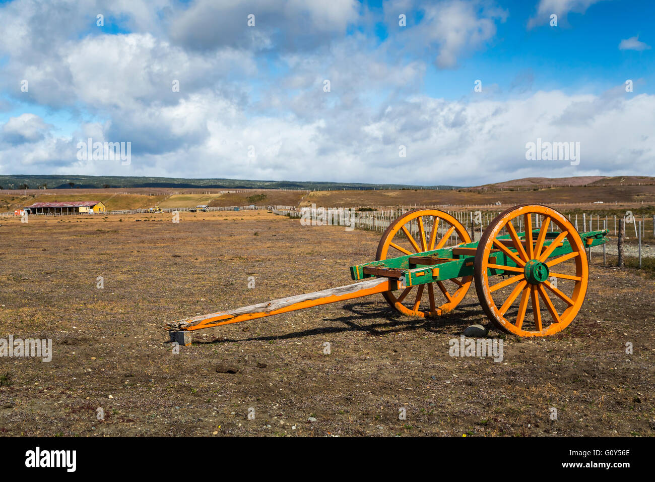 A two wheeled cart in a meadow near Punta Arenas, Patagonia, Chile, South America. Stock Photo