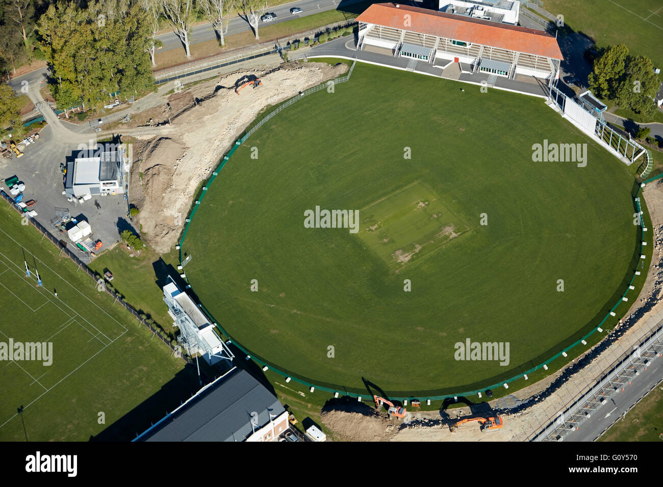 University Oval Cricket Ground, Logan Park, Dunedin, Otago, South Island, New Zealand - aerial Stock Photo