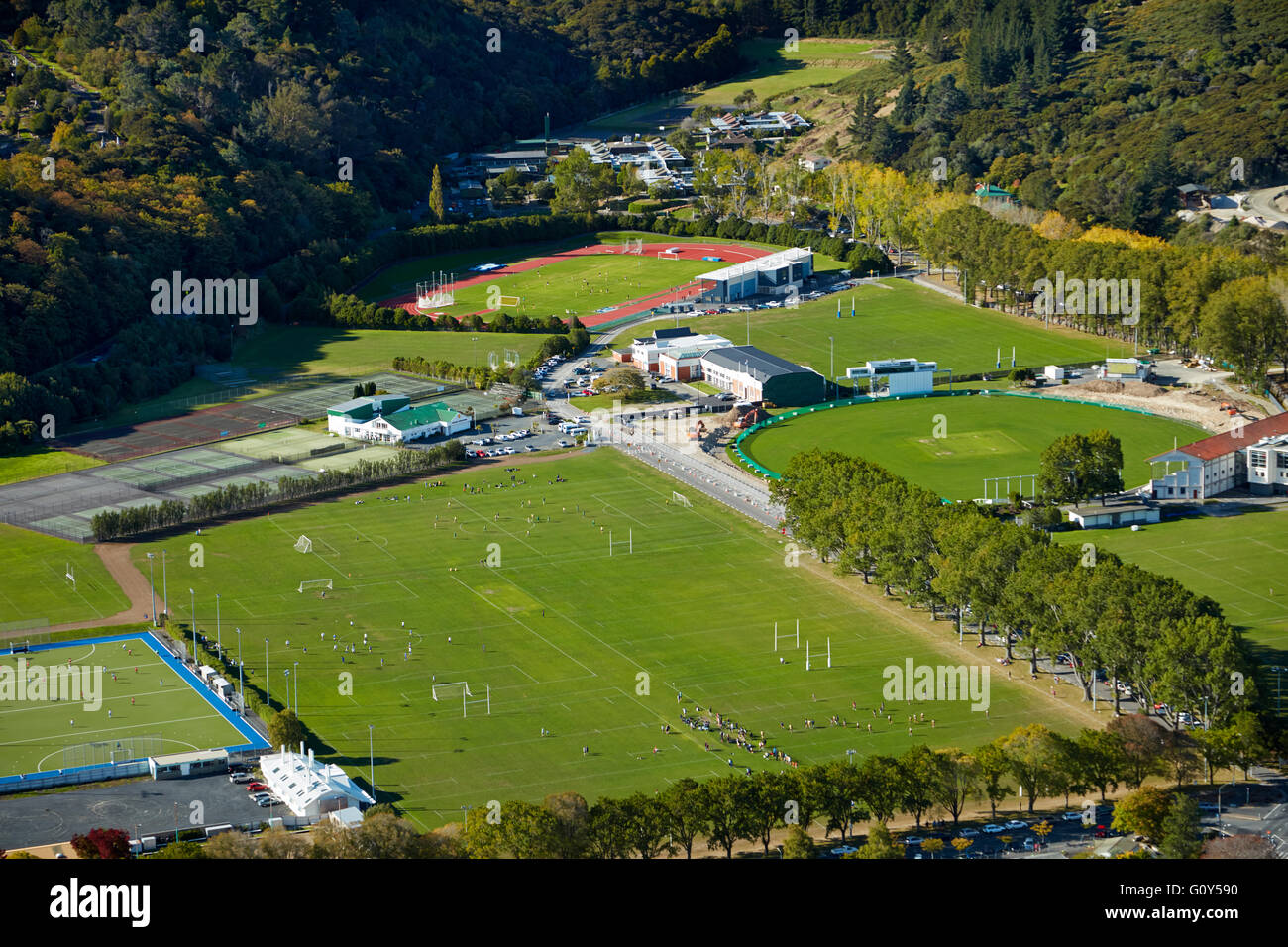 Sports fields at Logan Park, Dunedin, Otago, South Island, New Zealand - aerial Stock Photo