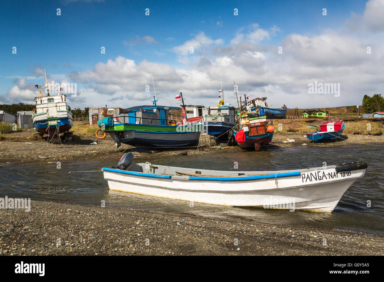Fishing boats on the Cast of the Strait of Magellan near Punta Arenas ...