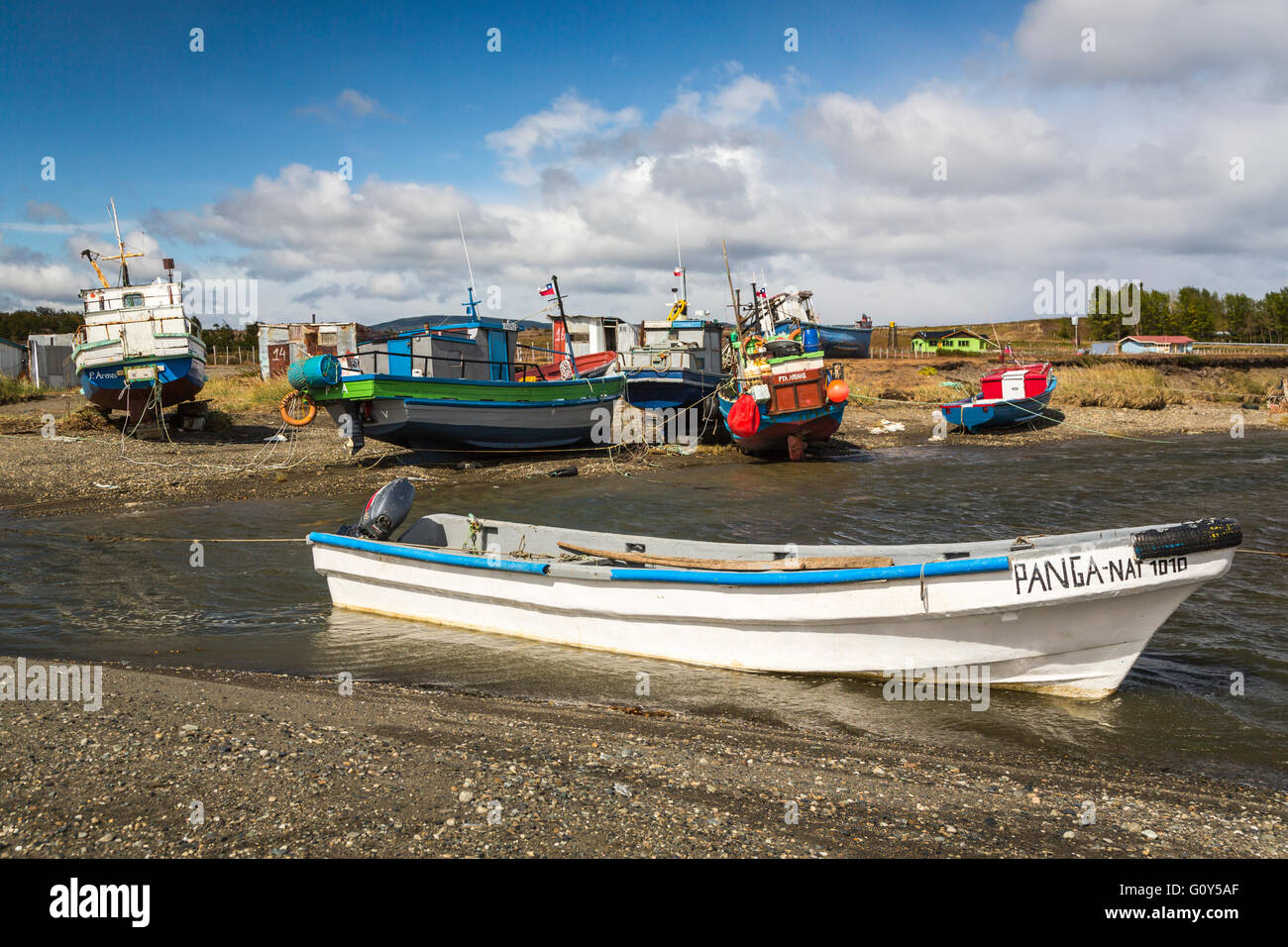 Fishing boats on the Cast of the Strait of Magellan near Punta Arenas ...