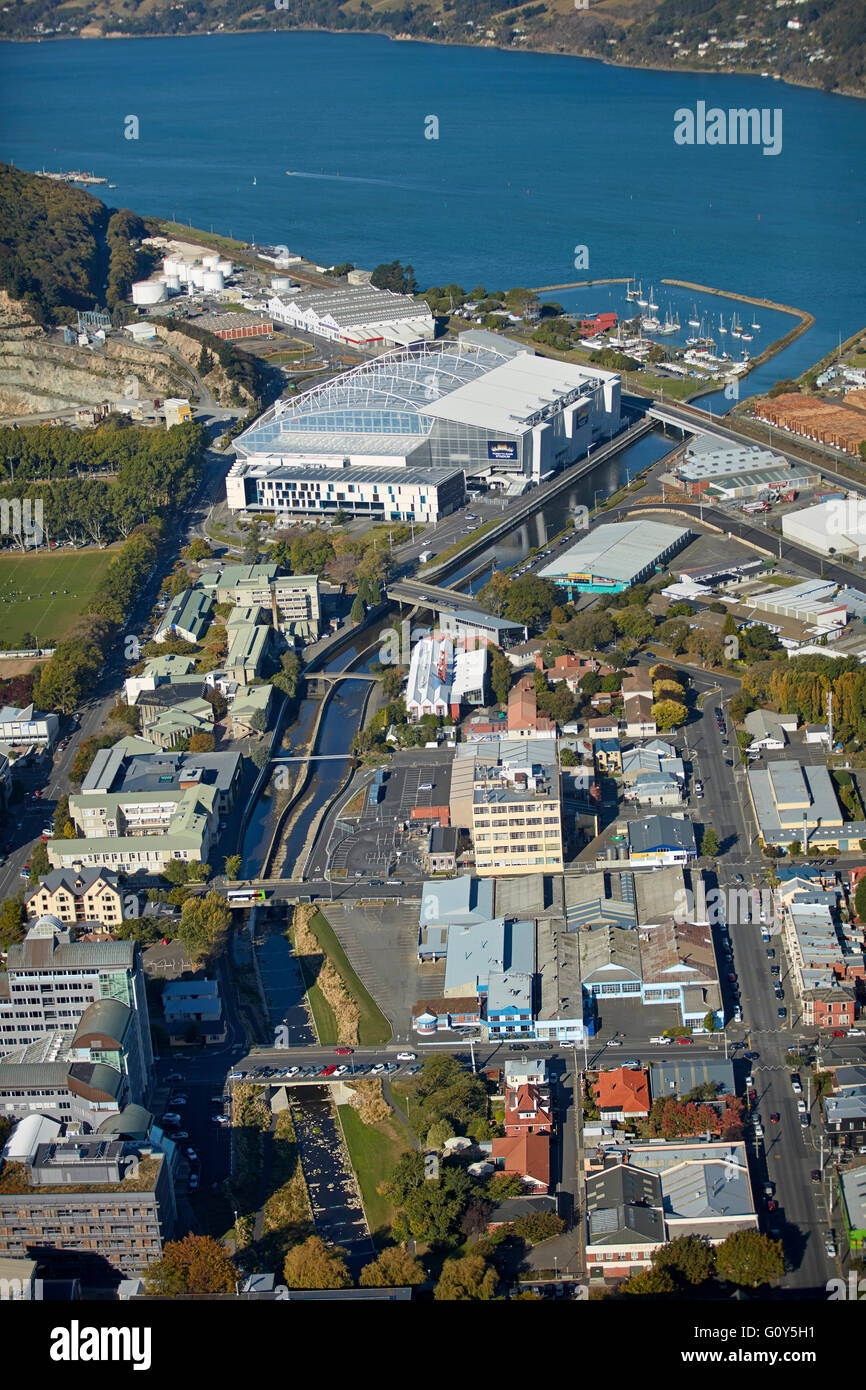 Water of Leith, Forsyth Barr Stadium, and Otago Harbour, Dunedin, South Island, New Zealand - aerial Stock Photo