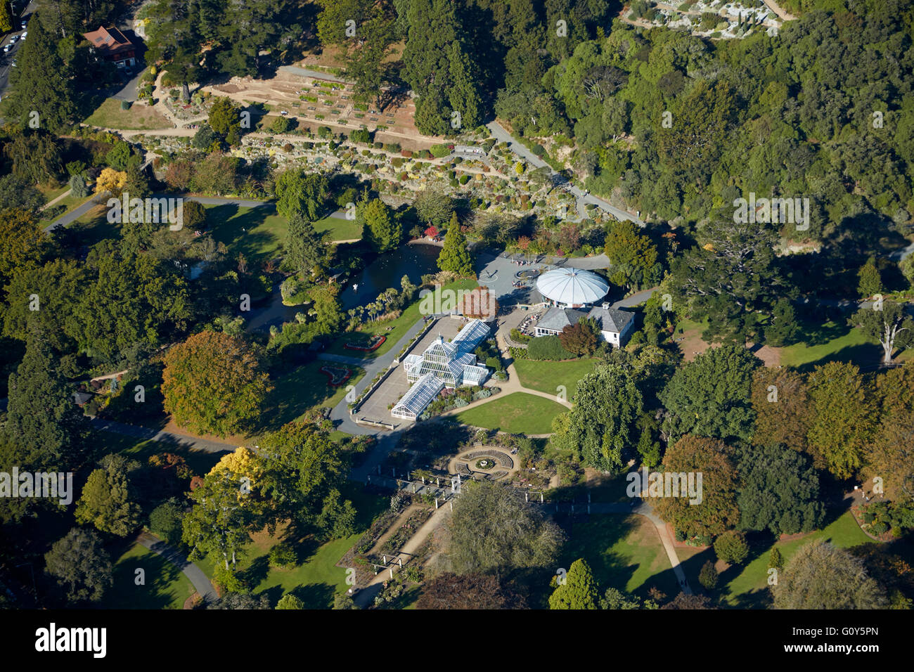 Dunedin Botanic Garden, Dunedin, South Island, New Zealand - aerial Stock Photo