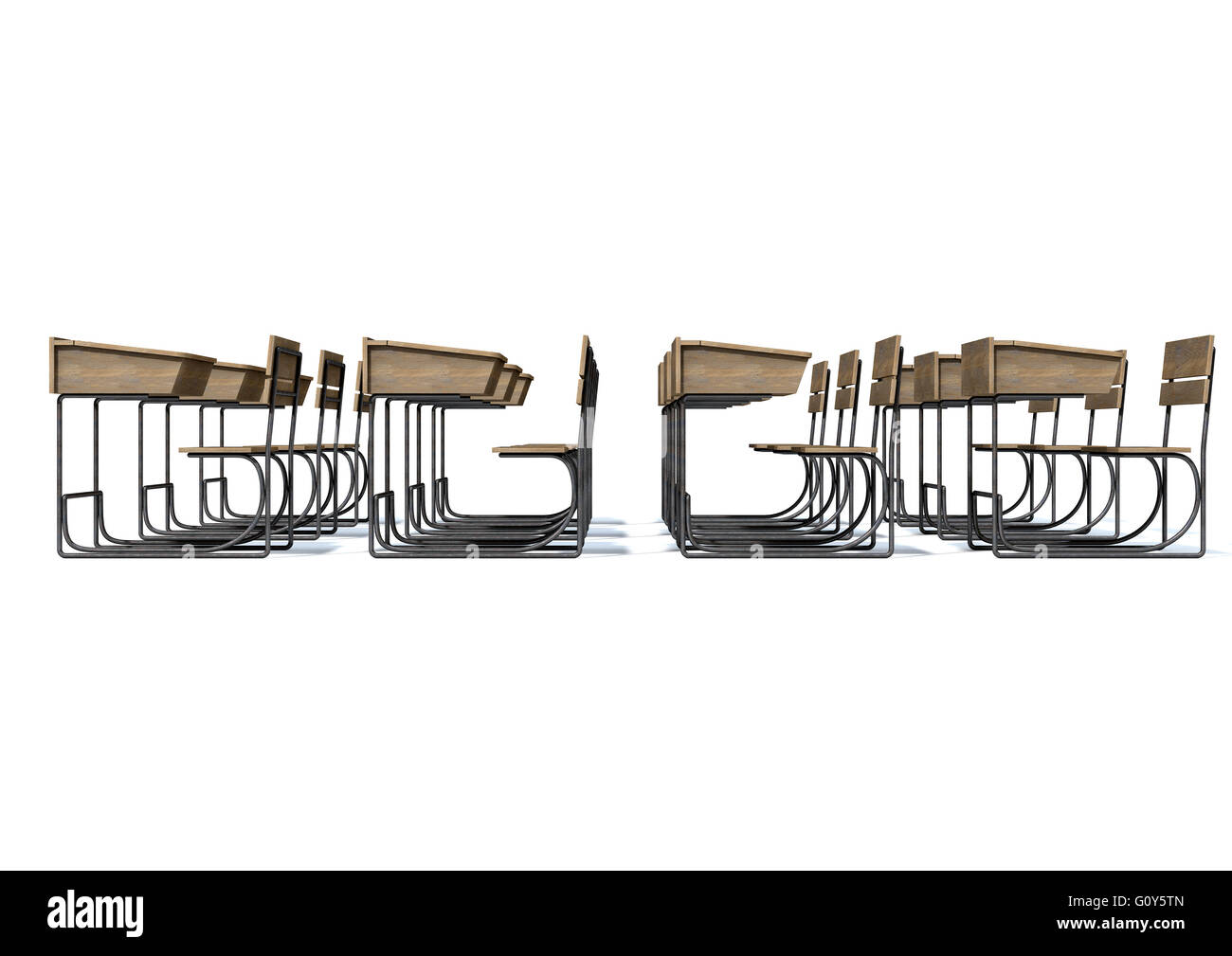 A 3d Rendering Of An Array Of Vintage Wooden School Desks Set Out