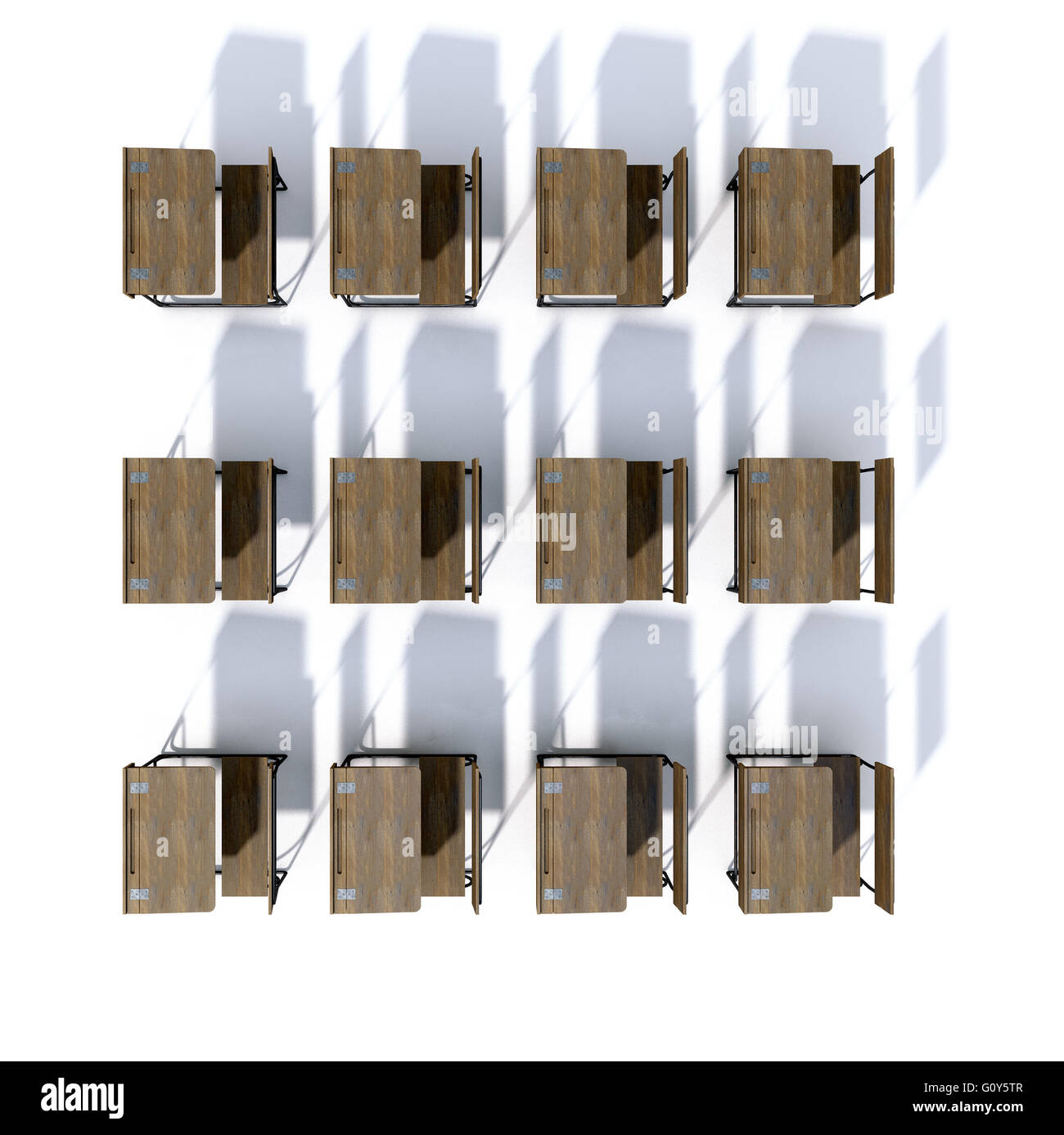 A 3D rendering of an array of vintage wooden school desks set out in ...