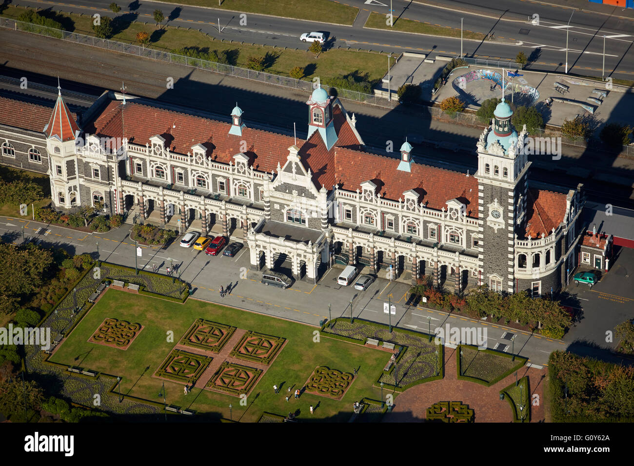 Historic Railway Station, Dunedin, Otago, South Island, New Zealand - aerial Stock Photo