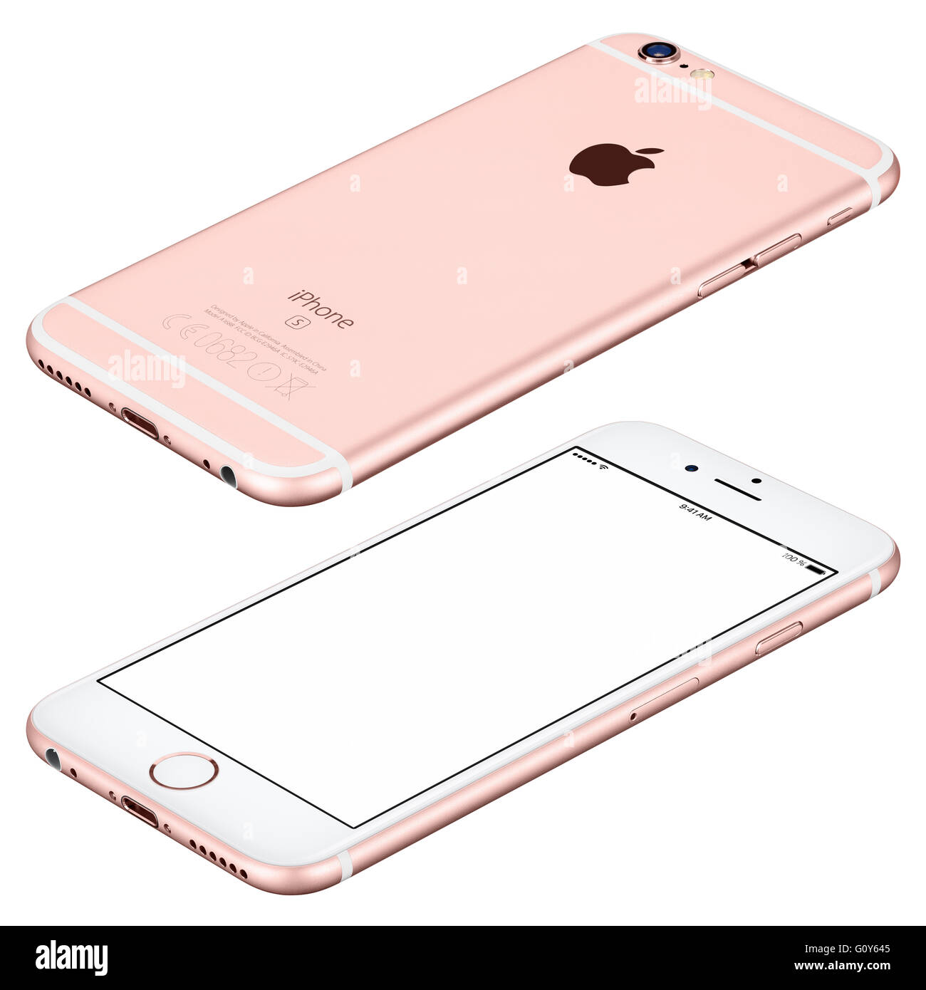 Varna, Bulgaria - October 25, 2015: Rose Gold Apple iPhone 6s mockup lies on the surface clockwise rotated with white screen Stock Photo