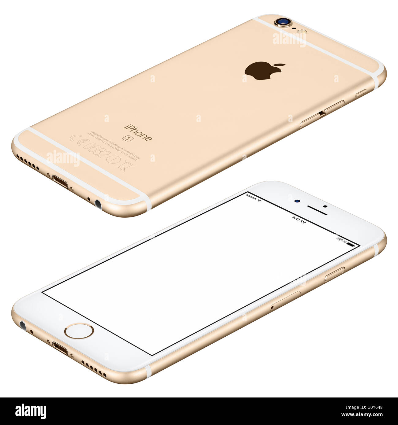 Varna, Bulgaria - October 25, 2015: Gold Apple iPhone 6s mockup lies on the surface clockwise rotated with white screen Stock Photo