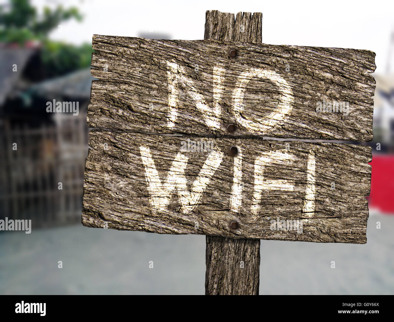 No Wifi  Rustic Wood Sign on Beach Stock Photo