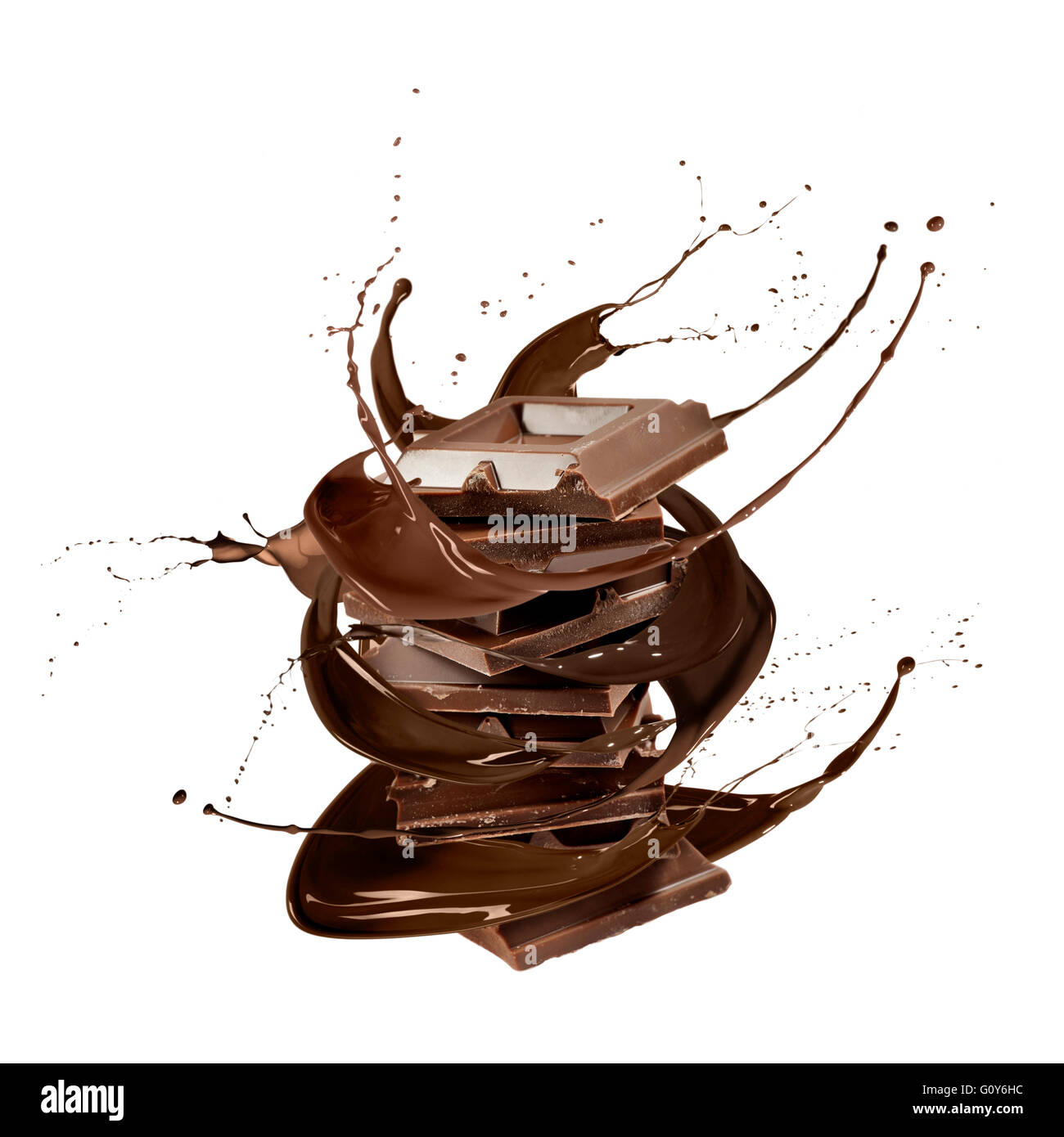 liquid splash chocolate around stack of chocolate blocks, isolated on