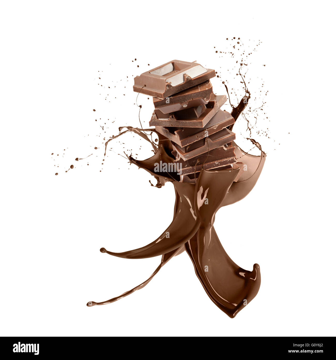 liquid splash chocolate around stack of chocolate blocks, isolated on