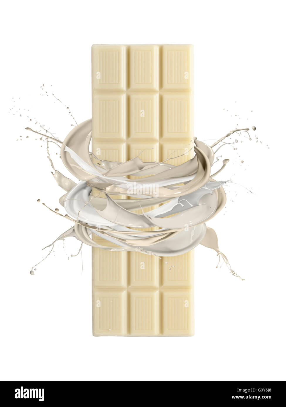 liquid splash white chocolate around stack of chocolate blocks