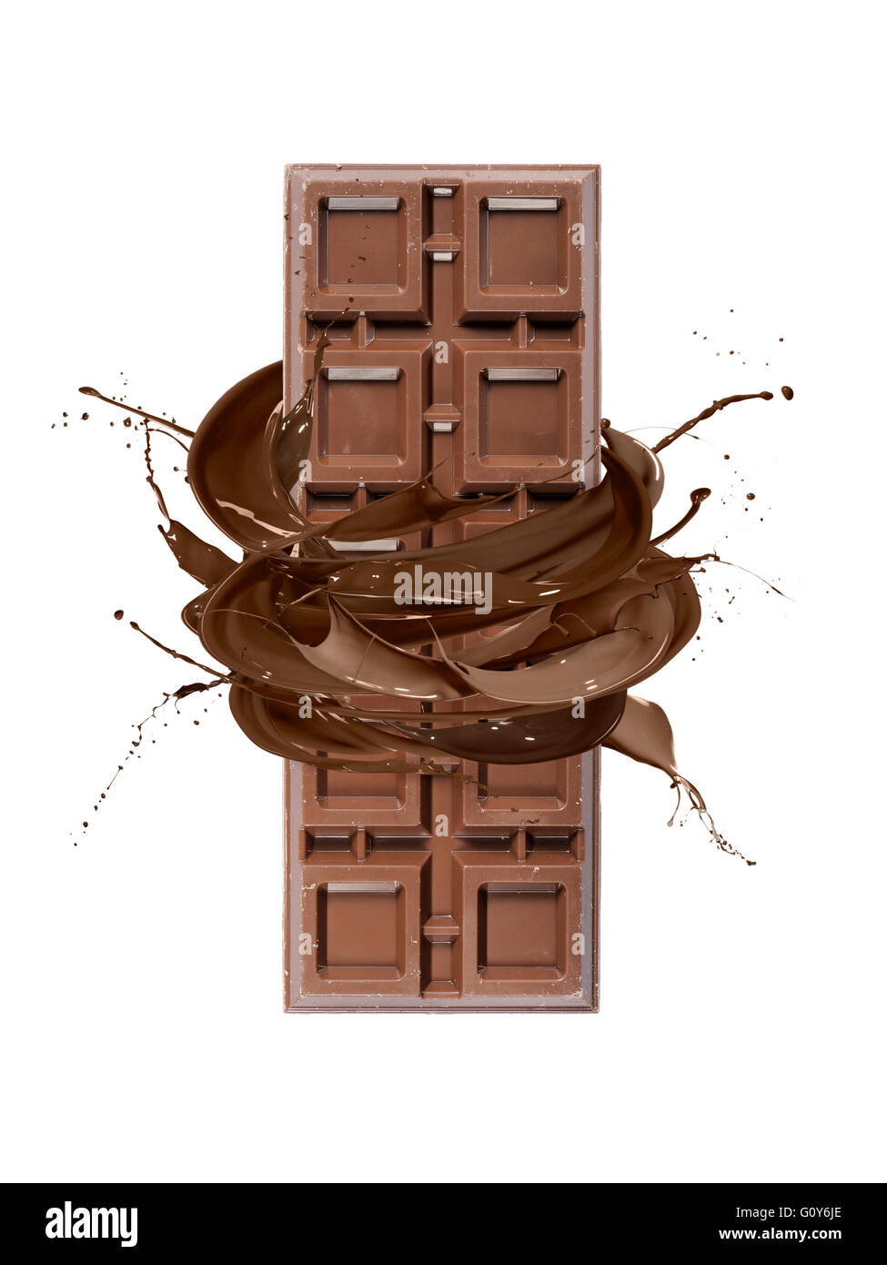 liquid splash chocolate around stack of chocolate blocks, isolated on