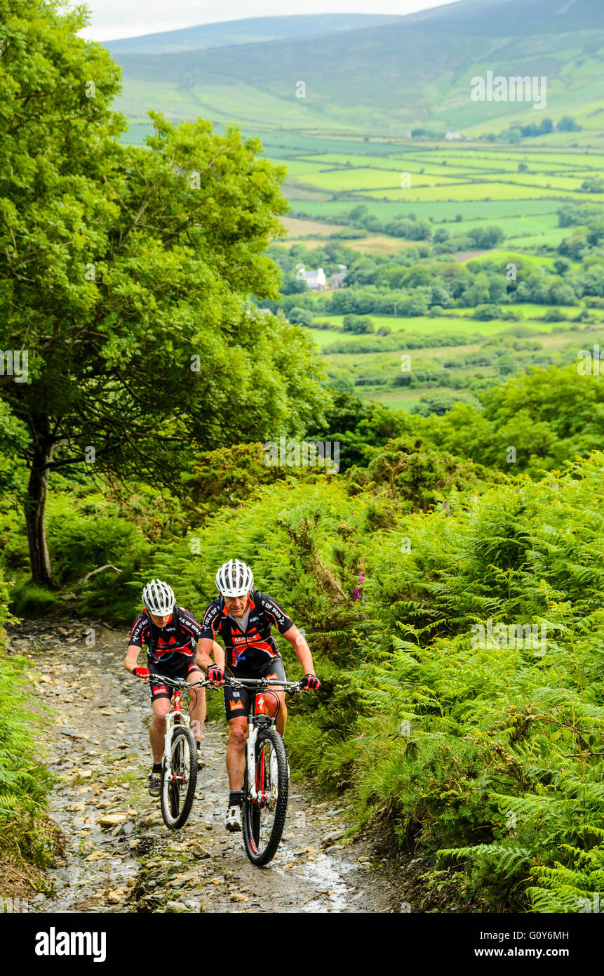 Mountain bikers on the climb of Slieau Whallian in the Isle of Man Stock Photo