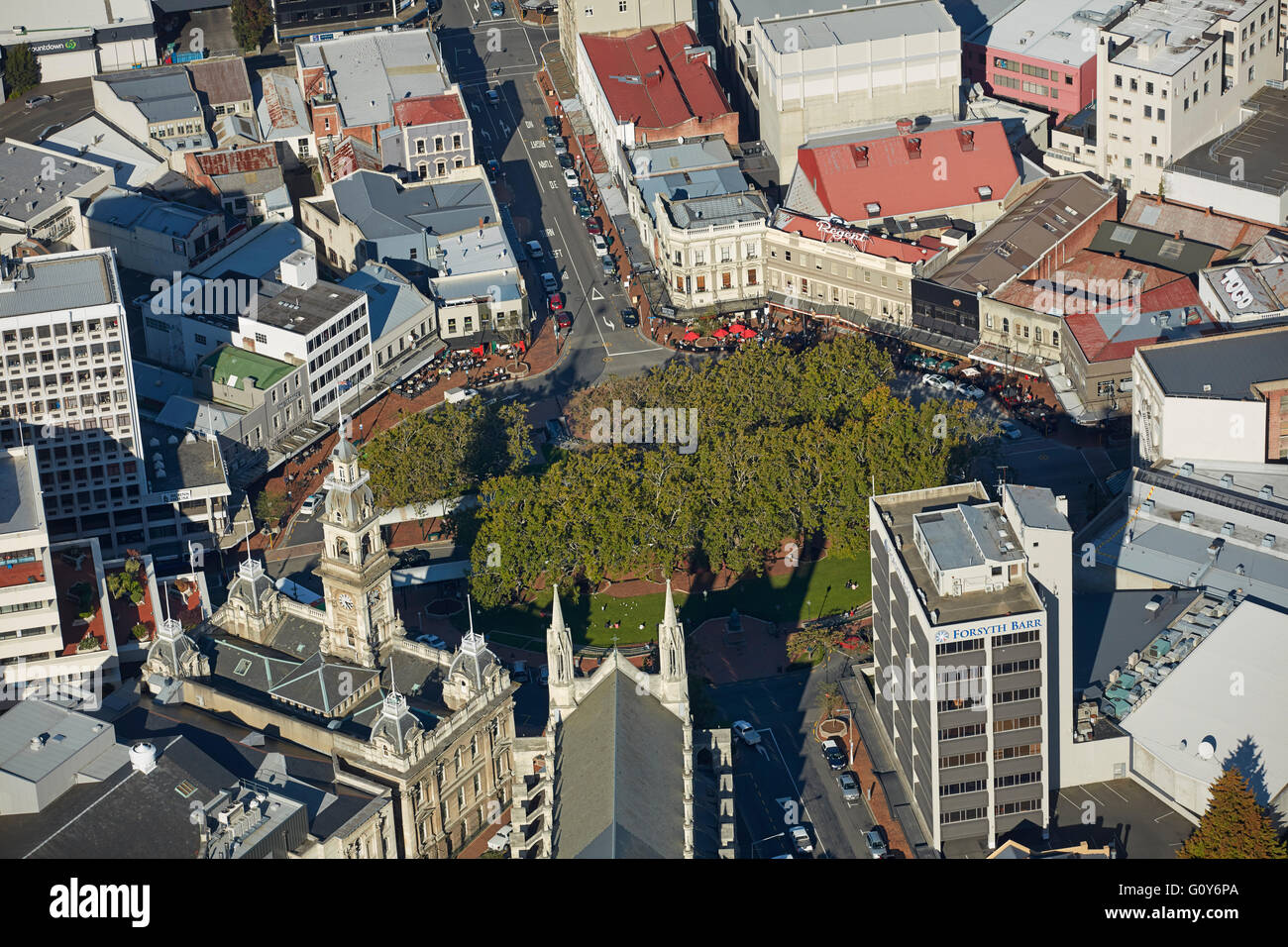 The Octagon and Lower Stuart Street, Dunedin, Otago, South Island, New Zealand - aerial Stock Photo