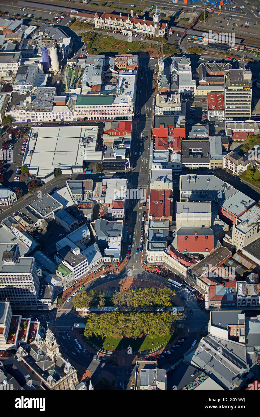 The Octagon, Lower Stuart Street and Railway Station, Dunedin, Otago, South Island, New Zealand - aerial Stock Photo