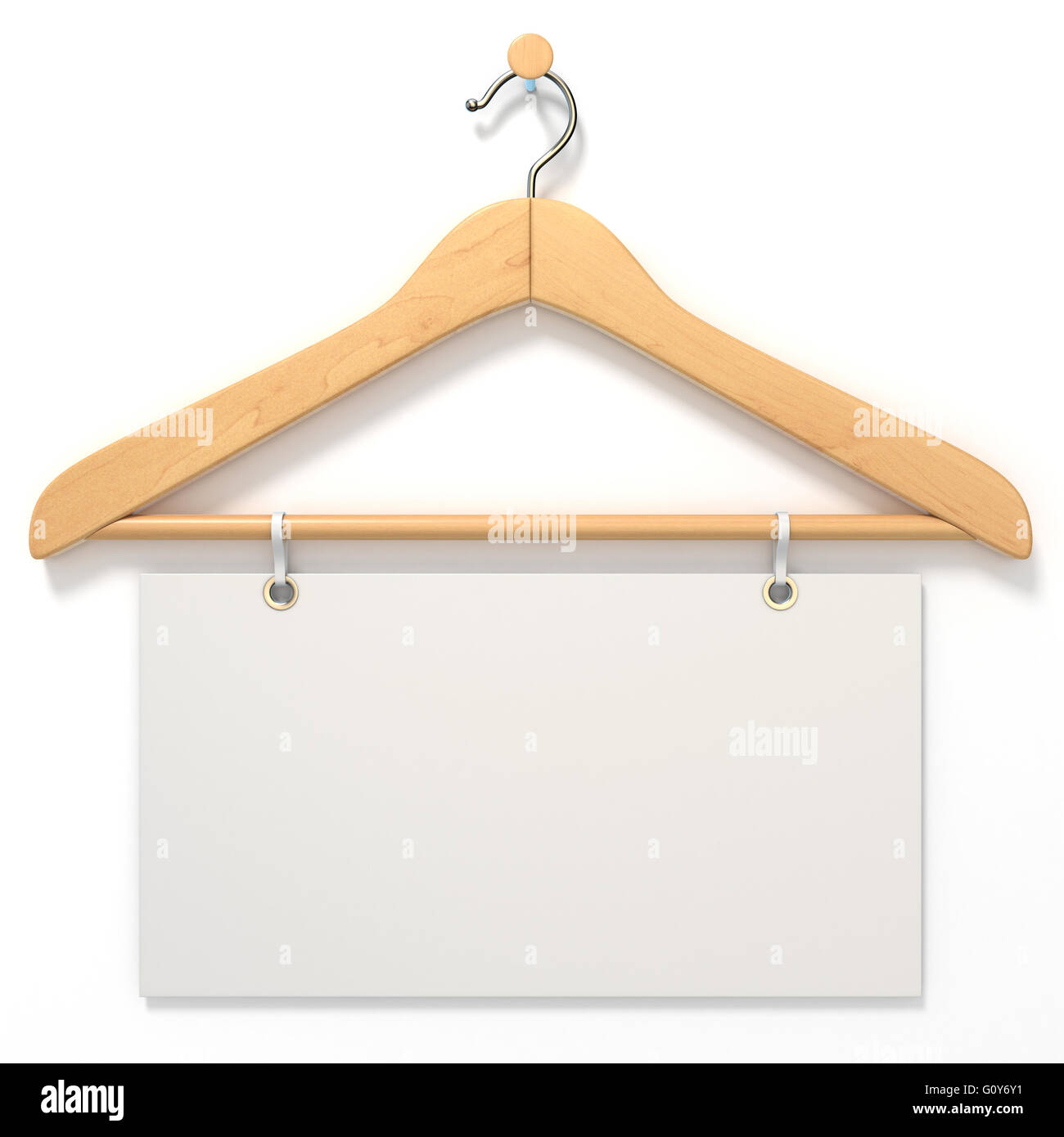 Wooden hanger with blank tag. 3D render illustration isolated on white background Stock Photo