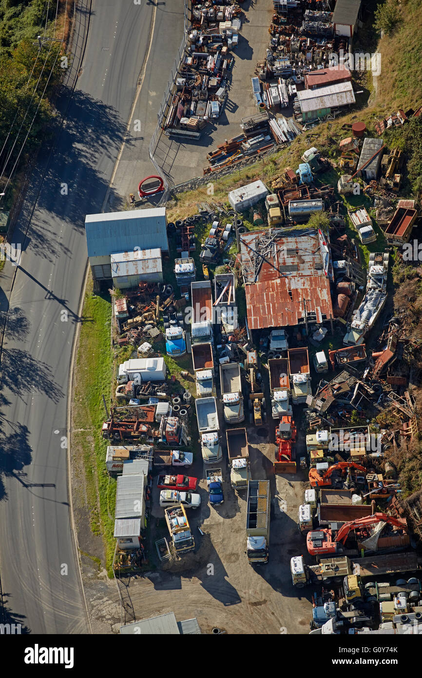 Old trucks and machinery, Stone Street, Dunedin, Otago, South Island, New Zealand - aerial Stock Photo