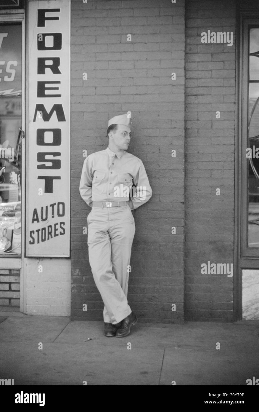 Soldier from Fort Benning on Street, Columbus, Georgia, USA, by Jack Delano for Office of War Information, May 1941 Stock Photo