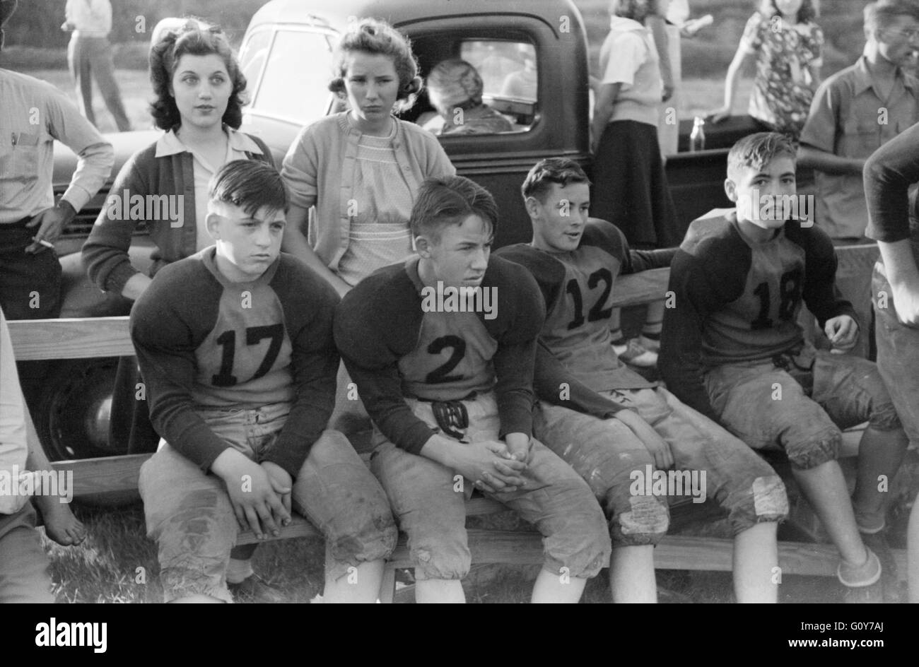 Football Players at High School Football Game, Greensboro, Georgia, USA, by Jack Delano for Farm Security Administration, October 1941 Stock Photo
