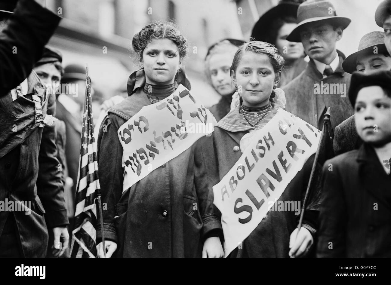 Teen Girls participating in Child Labor Demonstration, Labor Parade, New York City, New York, USA, Bain News Service, 1909 Stock Photo