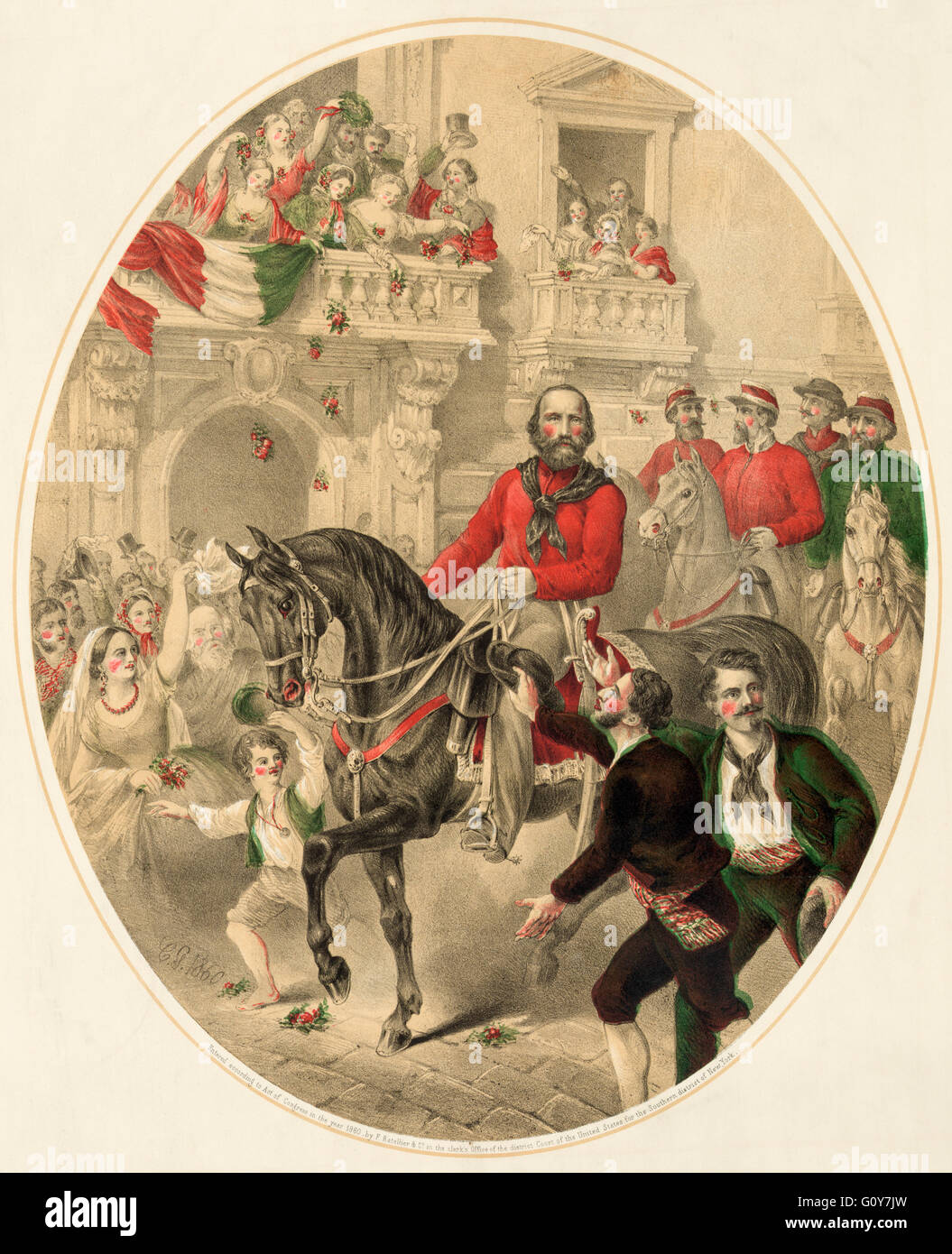 Romanticized version of Garibaldi entering Naples on September 7, 1860.  In fact, Garibaldi entered Naples by train.  After a contemporary chromolithograph published in the United States.  Giuseppe Garibaldi, 1807 - 1882. 19th century Italian military and political figure of the Risorgimento. Stock Photo