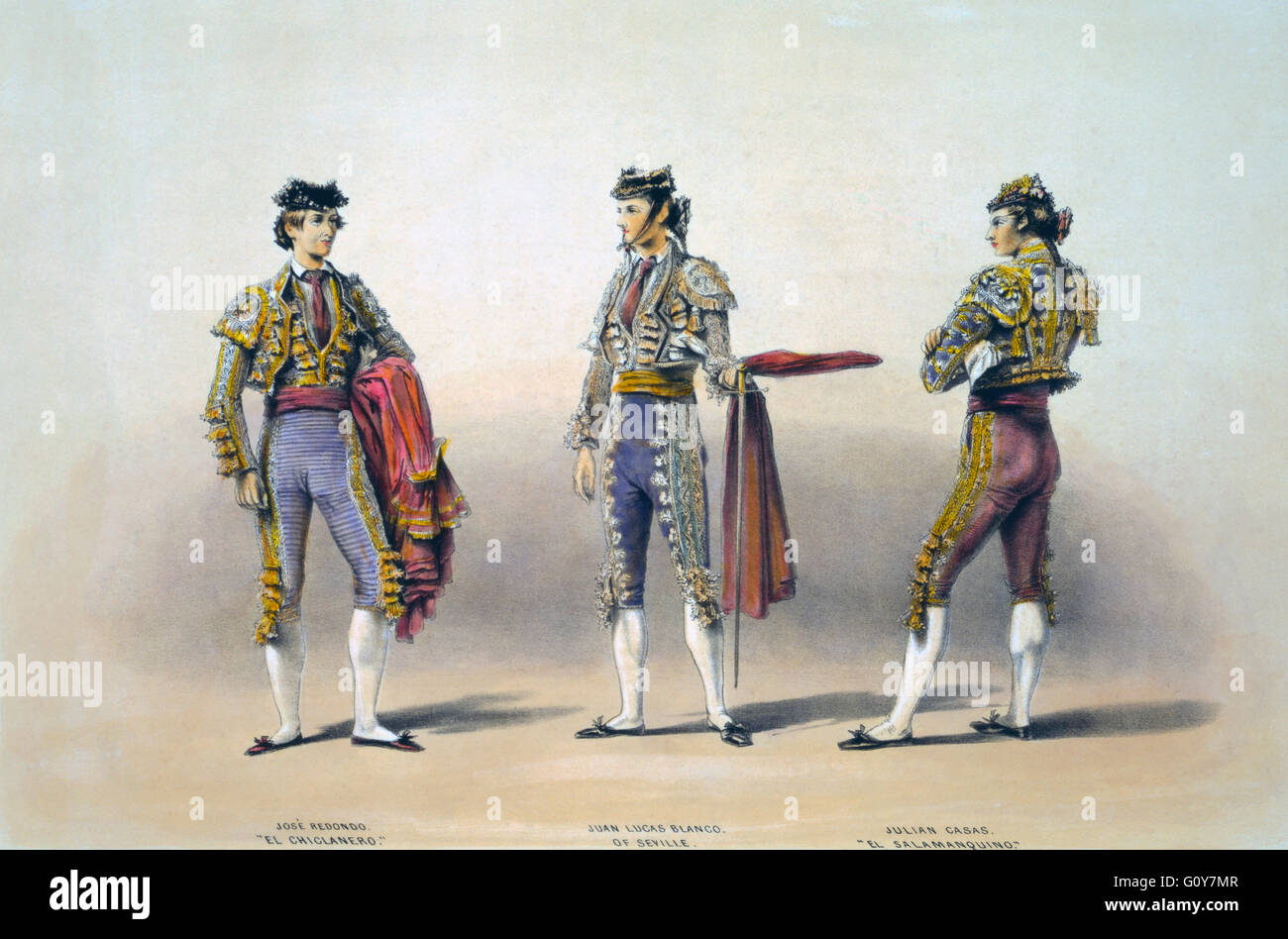 Three Spanish bullfighters.  Left: José Redondo Domínguez “El Chiclanero” (1818-1853).  Centre: Juan Luis Blanco of Seville (1823-1867).  Right: Julián Casas 'El Salamanquino' (1816-1883).  After a nineteenth century print. Stock Photo