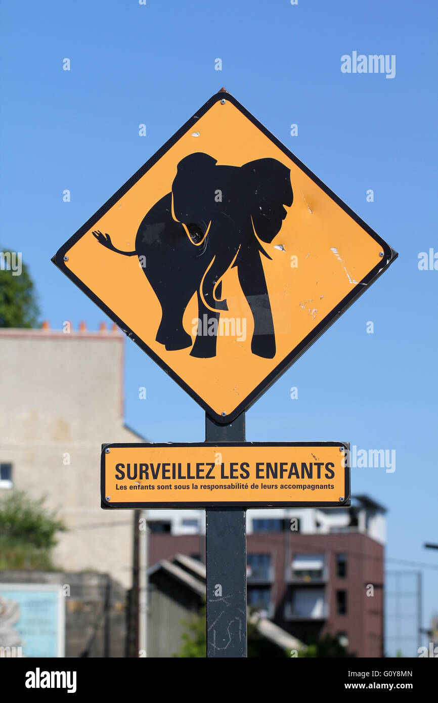 Elephant roadsign in Nantes (France) Stock Photo