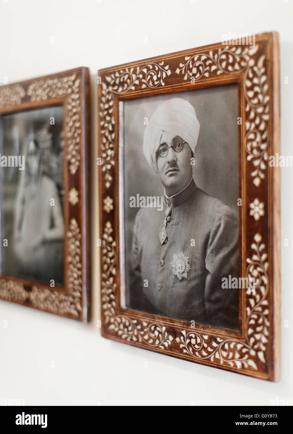 A black and white photograph of an Indian Maharaja at Ananda in the Himalayas resort. India. Stock Photo