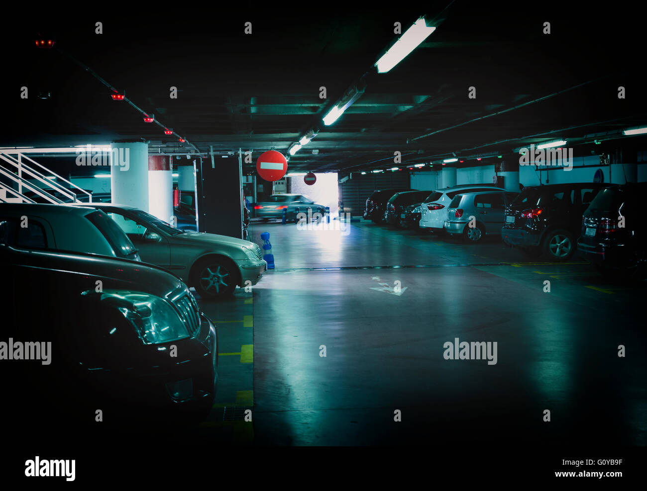 Undergound parking garage, Malaga, Spain. This is the Plaza de la Marina garage. Stock Photo