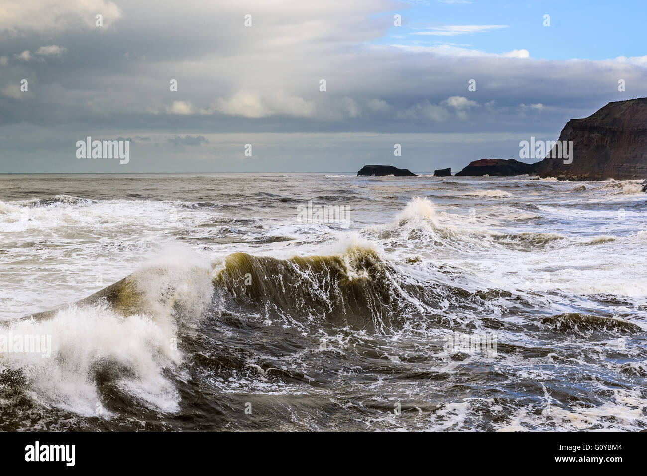 The dangerous seas of the northern coast of Great Britain,with huge breakers crashing around you. Stock Photo