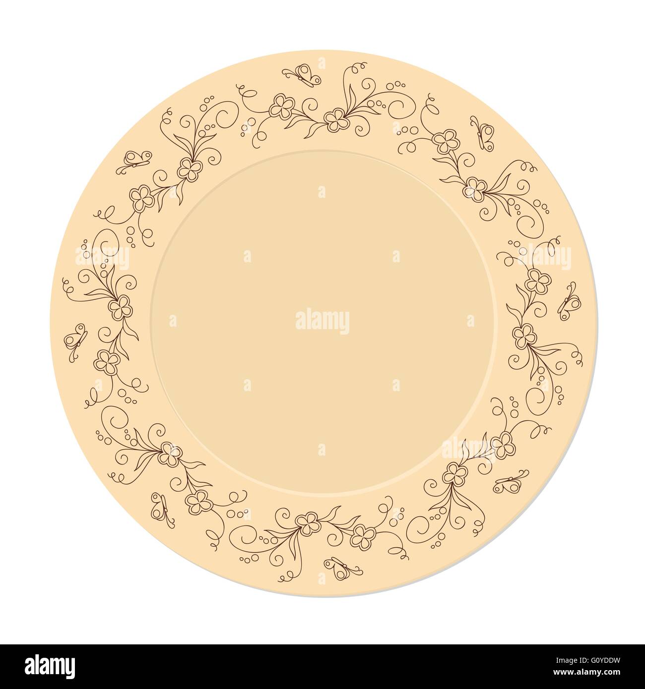 Hand drawn decorated saucer in boho style. Template for decoration dishes,  plates, porcelain. All objects are isolated. Stock Vector