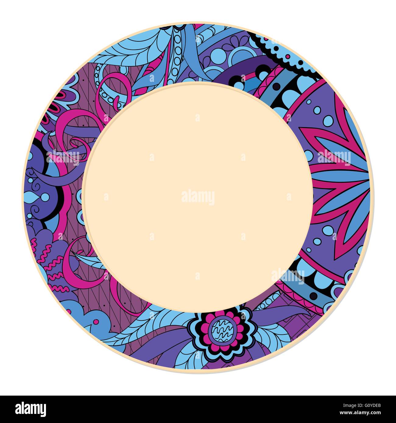 Hand drawn colorful decorated saucer in boho style. Isolated on the white. Template for decoration dishes,  plates, porcelain. Stock Vector