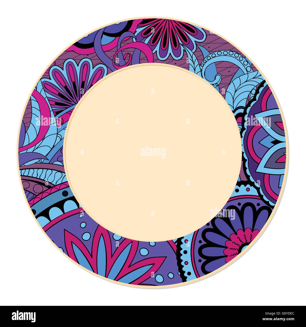 Hand drawn colorful decorated saucer in boho style. Isolated on  white. Template for decoration dishes,  plates, porcelain. Stock Vector